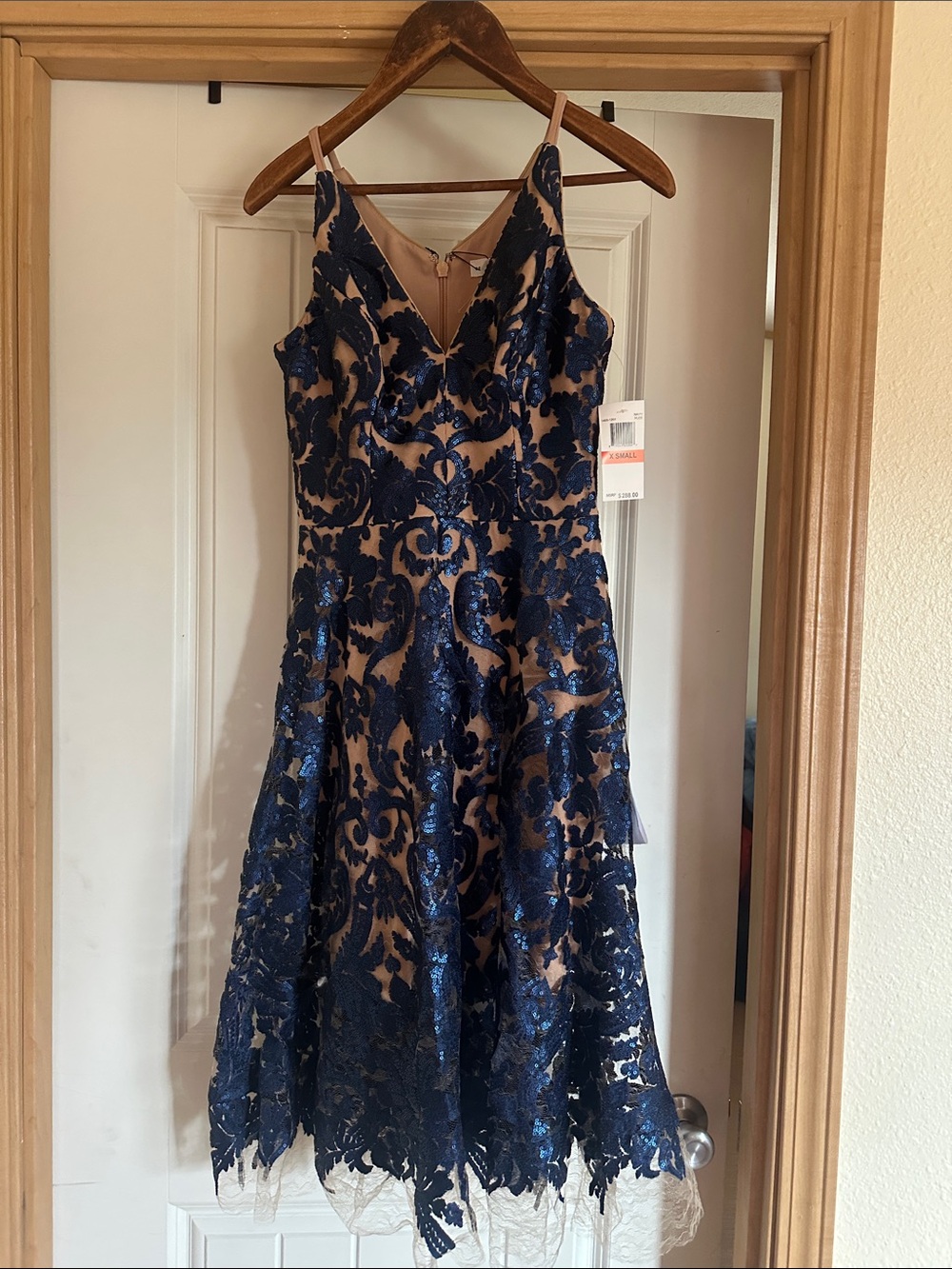 Dress the Population Navy Lace Midi Dress with Nude Underlay